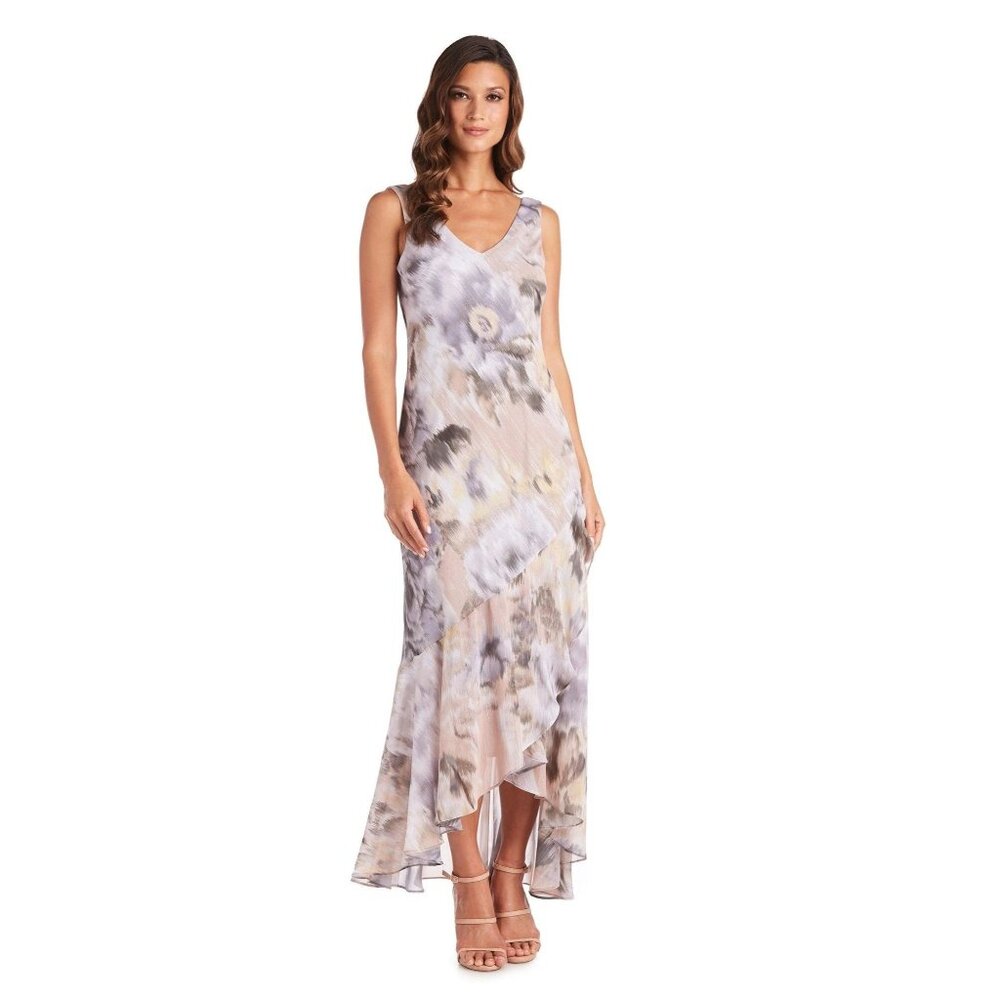 R&M Richards Sleeveless Floral Print Maxi Dress With Asymmetrical Ruffle Hem